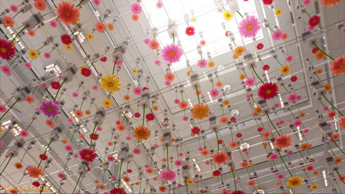 concept flower art display in an office building atrium