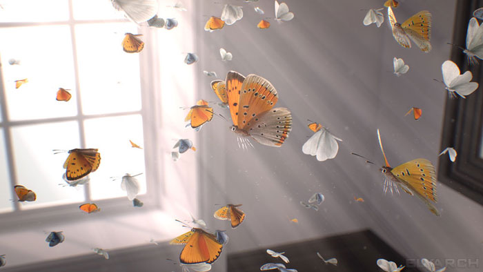 a shot from a 3D CG video Gone? with slow motion butterflies