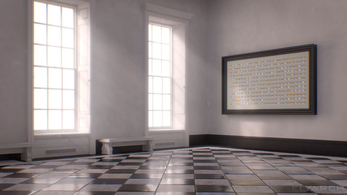 a frame from our CG short film 'Gone?': the room inspired by the Great Hall in the Queens House in Greenwich, London