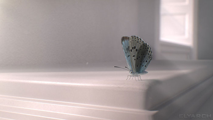 a shot from a 3D CG video Gone? with slow motion butterflies