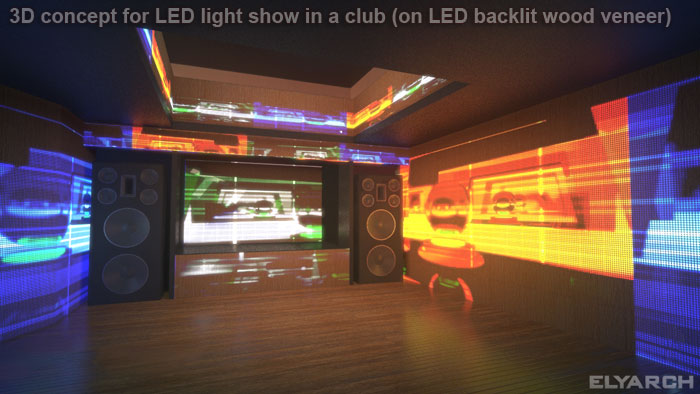 3D concept for LED light show in a club (on LED backlit wood veneer)