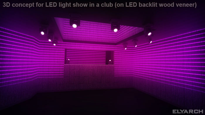 3D concept for LED light show in a club (on LED backlit wood veneer)